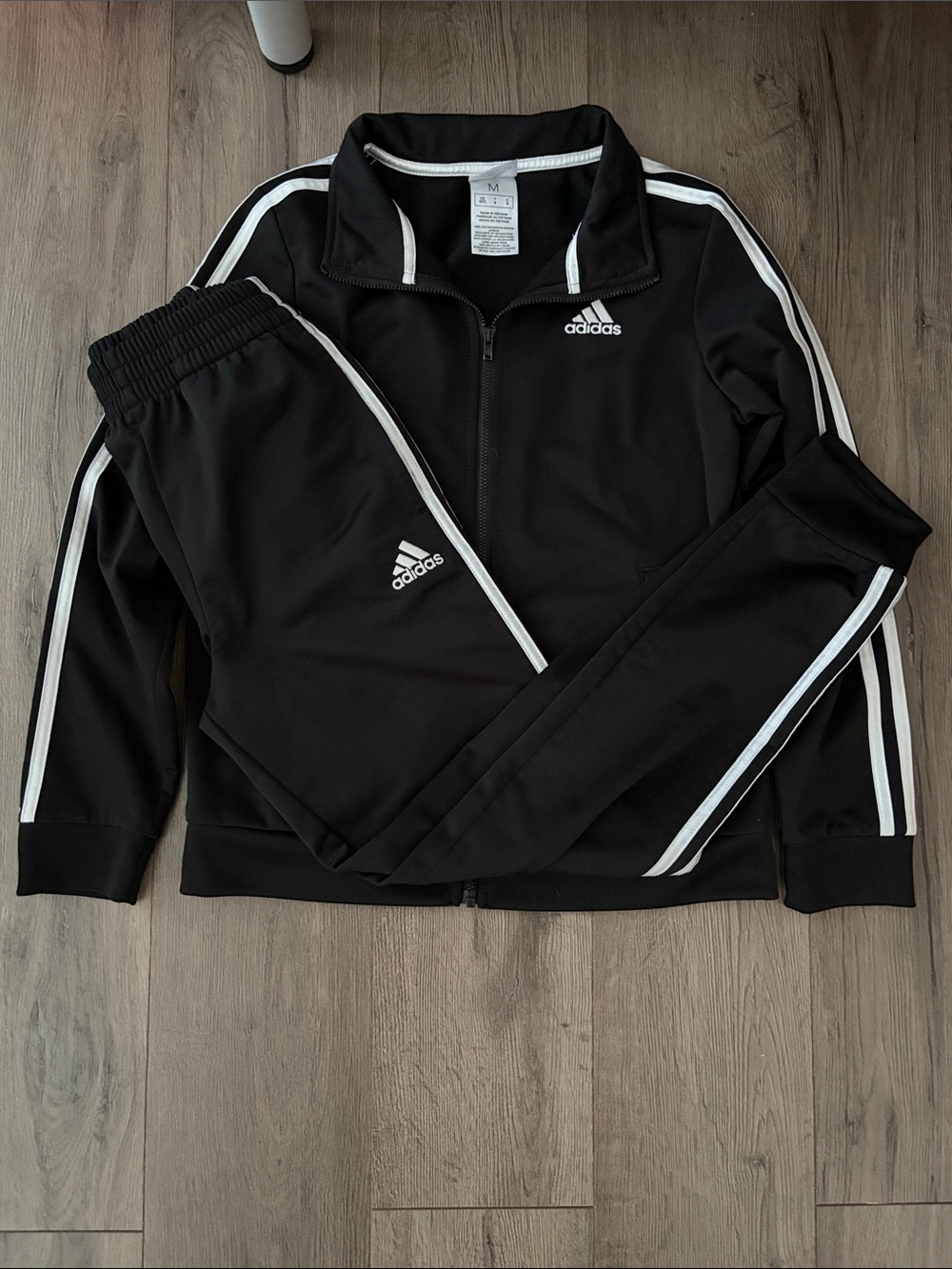 adidas Kids Black Track Jacket & Pants Set with White Stripes. Boys size M 10/12